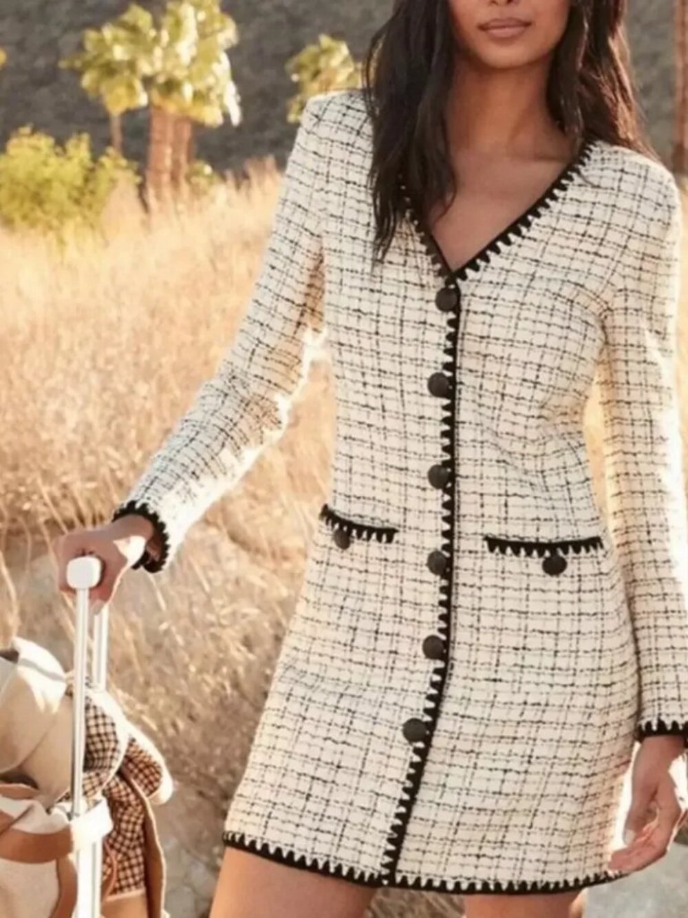 Womens Veronica Beard Palatine (Item-97) White Black Tweed Boucle V-Neck Dress 4 - Picture 2 of 16